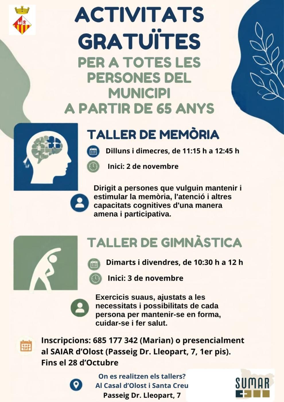 Taller de Memòria i Taller de Gimnàstica adreçat a persones a partir de 65 anys